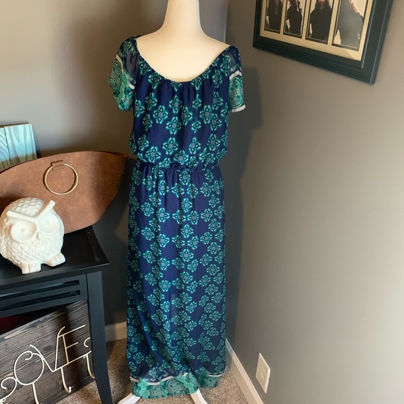🦉/Miami Cinch Elastic Waist Blue & Green Maxi Dress Size: Medium - Picture 6 of 8